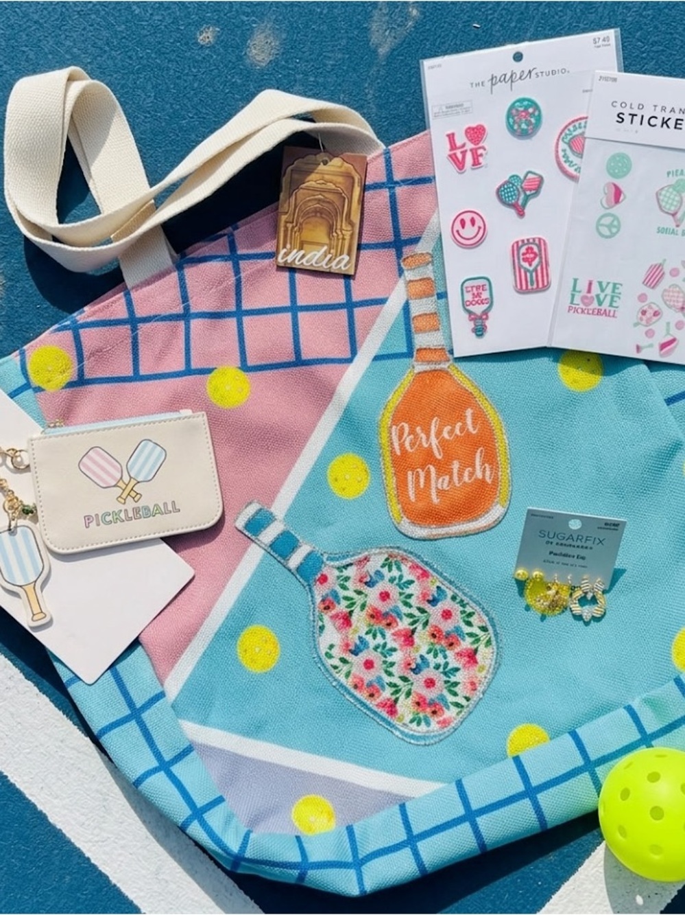 🆕 5-Pc Pickleball Lover Gift Set - Tote, Baublebar Earrings, Bag Charm, Patches